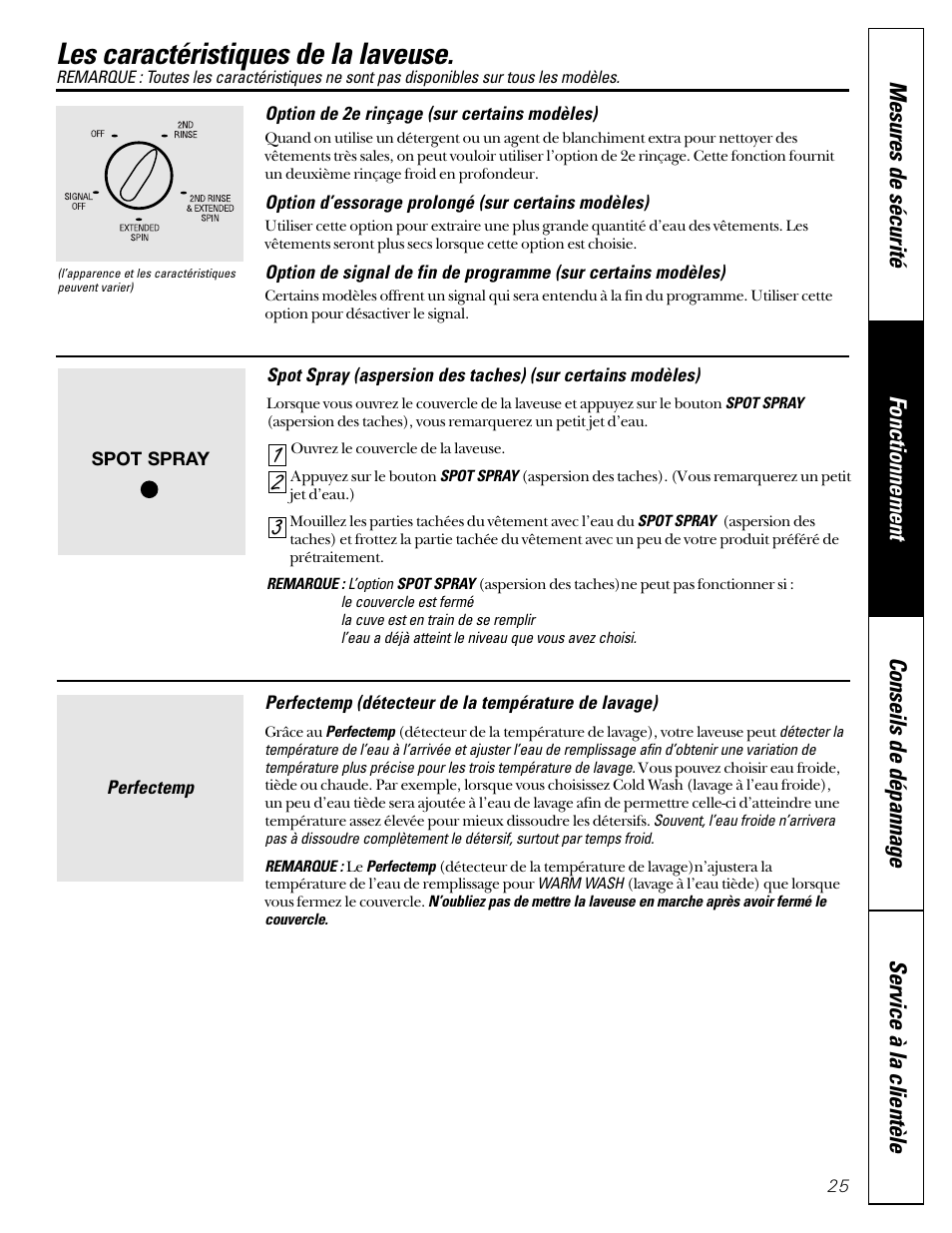 Les caractéristiques, Es caractéristiques , 26, Les caractéristiques de la laveuse | GE WASE4220 User Manual | Page 25 / 48