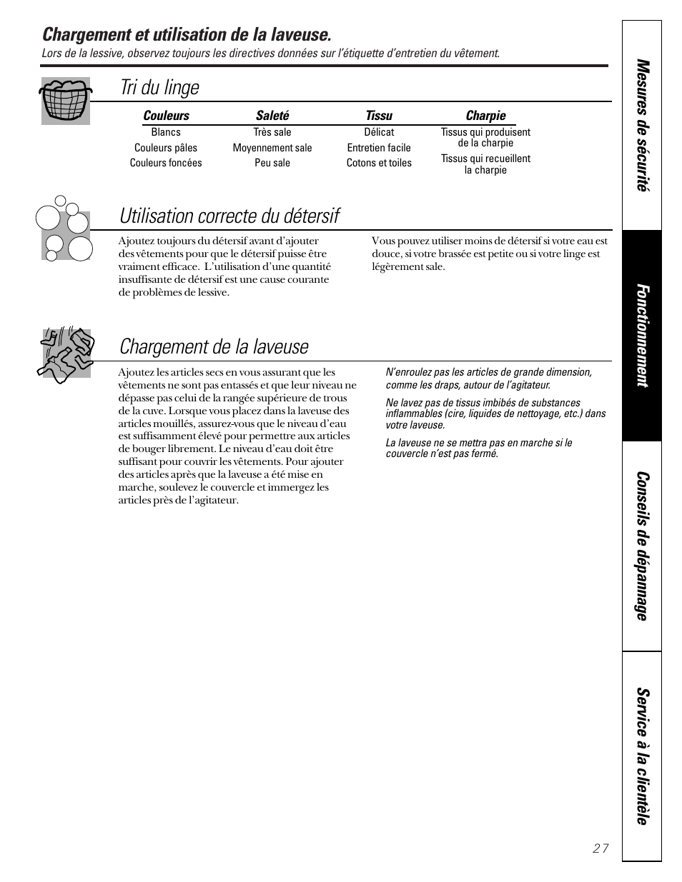 Chargement et utilisation de la laveuse, Chargement et utilisation de la laveuse , 28, Tri du linge utilisation correcte du détersif | Chargement de la laveuse | GE WASE4220 User Manual | Page 27 / 48