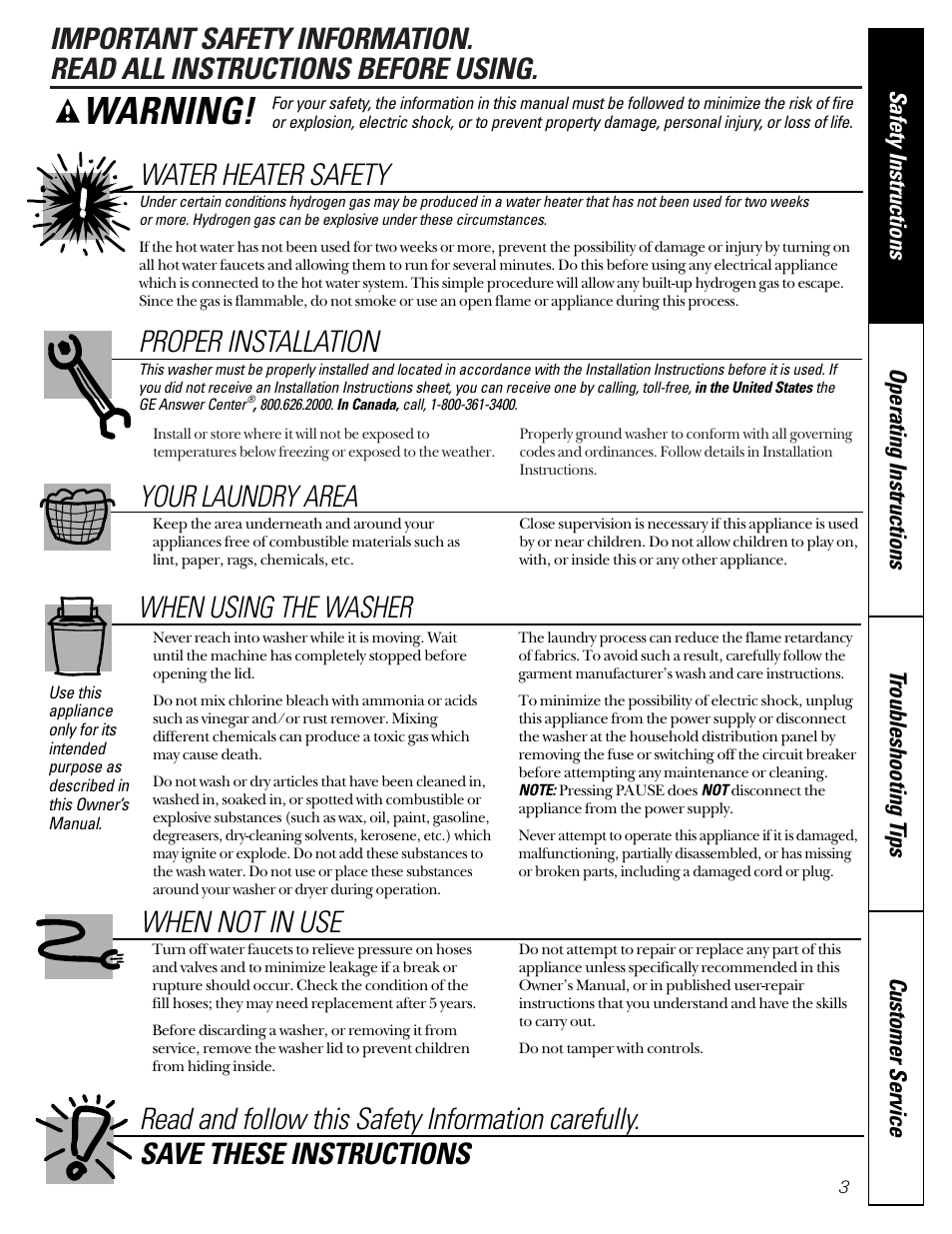 Safety information, Warning, Water heater safety | Proper installation, Your laundry area, When using the washer | GE WASE4220 User Manual | Page 3 / 48