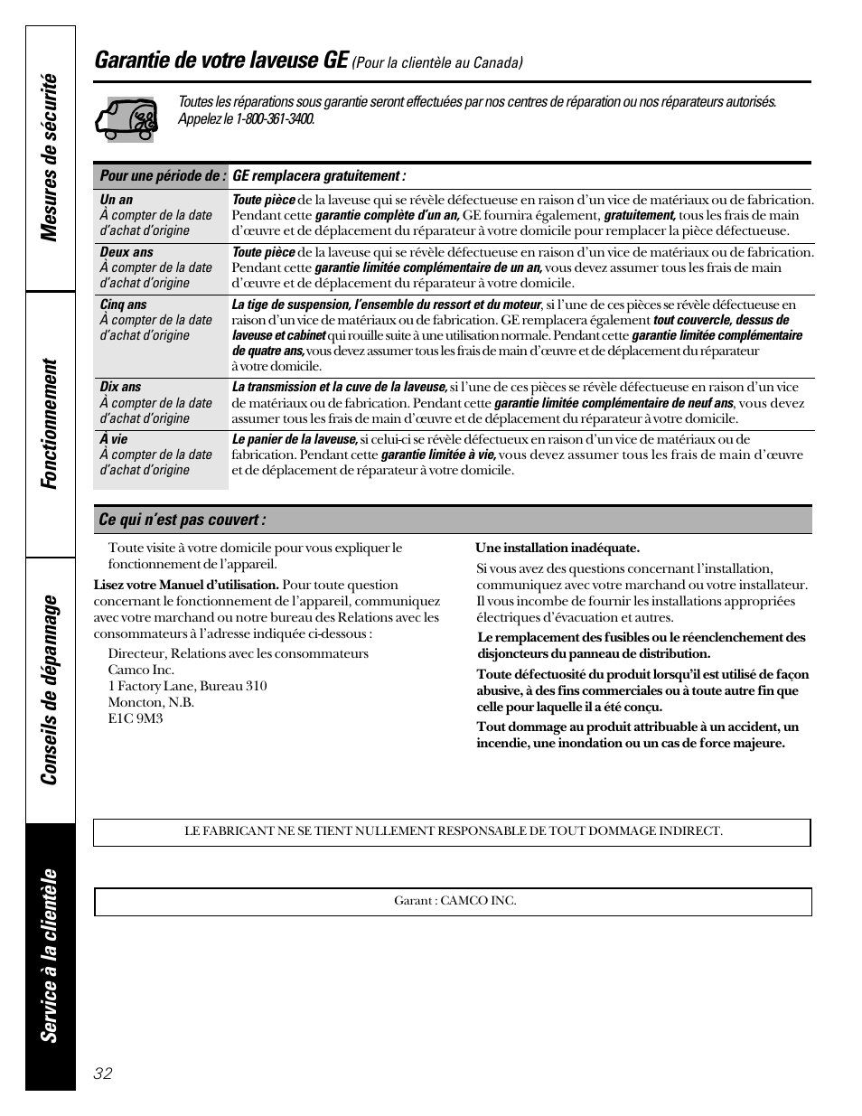 Garantie, Garantie de votre laveuse ge | GE WASE4220 User Manual | Page 32 / 48