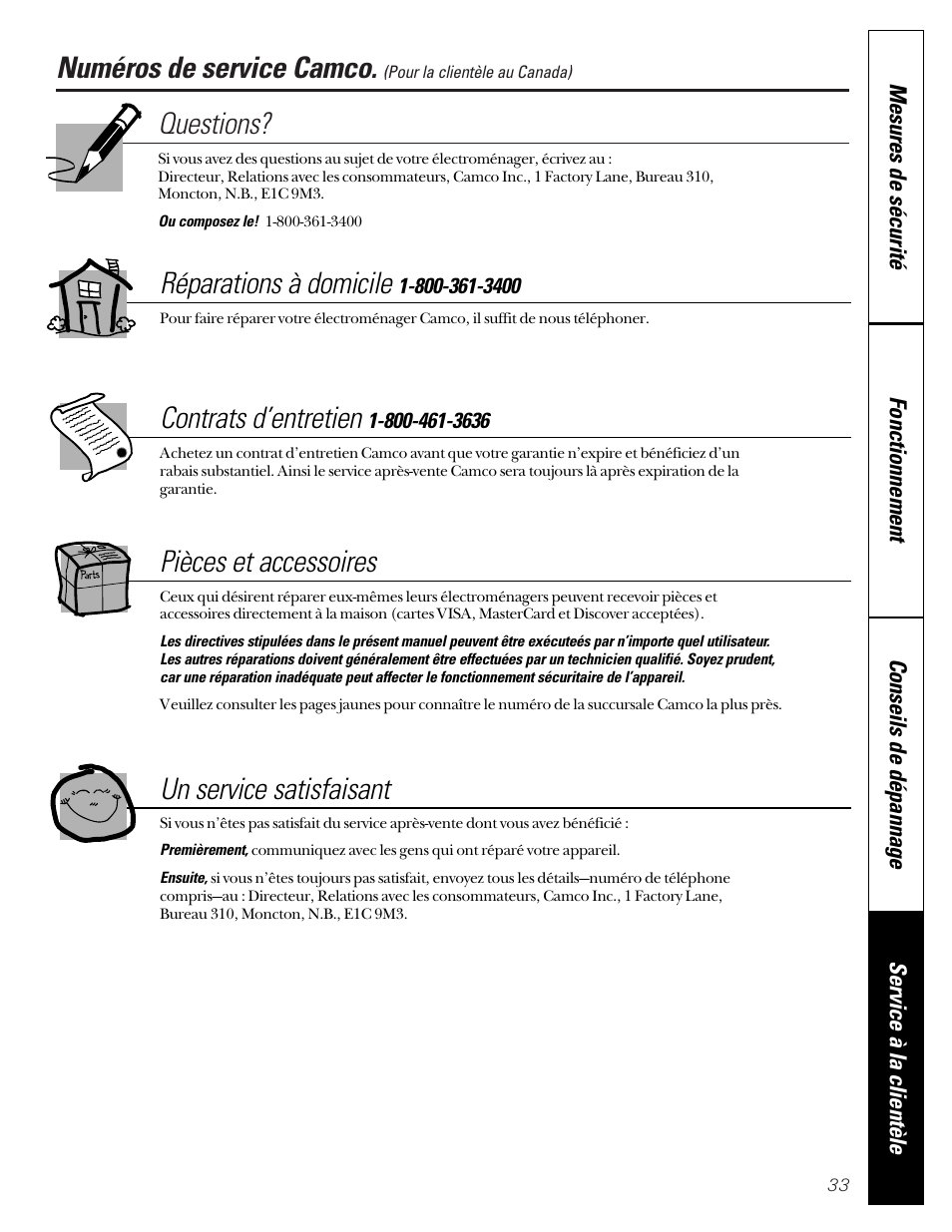 Numéros de service, Numéros de service camco, Questions | Réparations à domicile, Contrats d’entretien, Pièces et accessoires, Un service satisfaisant | GE WASE4220 User Manual | Page 33 / 48