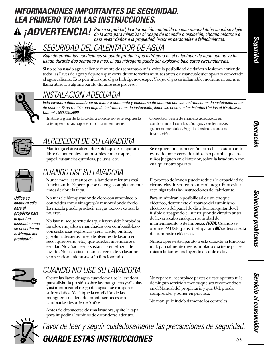 Información de seguridad, Advertencia, Seguridad del calentador de agua | Instalacion adecuada, Alrededor de su lavadora, Cuando use su lavadora | GE WASE4220 User Manual | Page 35 / 48