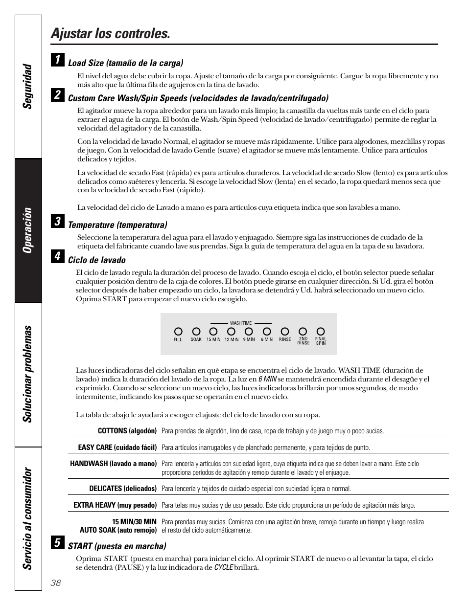 Ajustar los controles | GE WASE4220 User Manual | Page 38 / 48