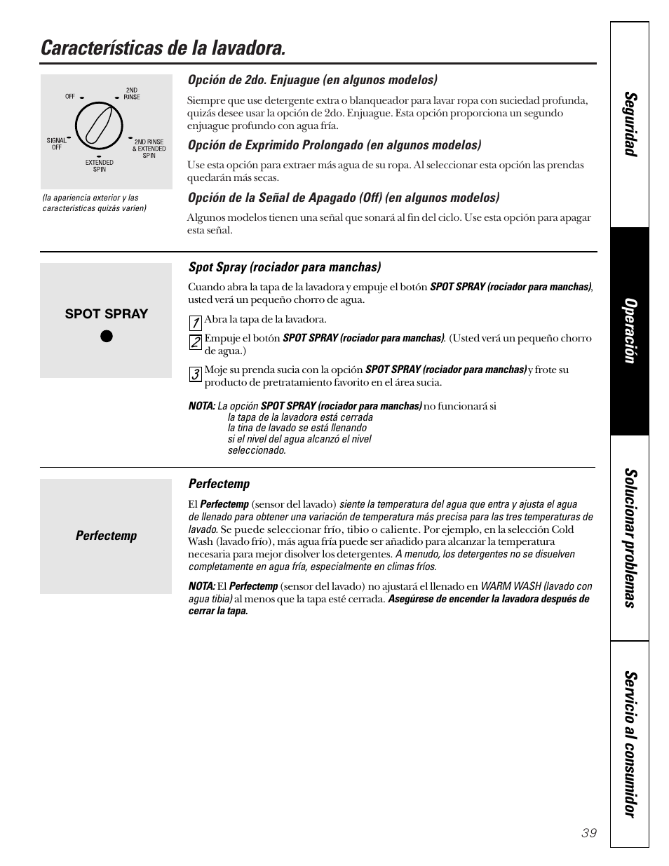 Características, Características , 40, Características de la lavadora | GE WASE4220 User Manual | Page 39 / 48
