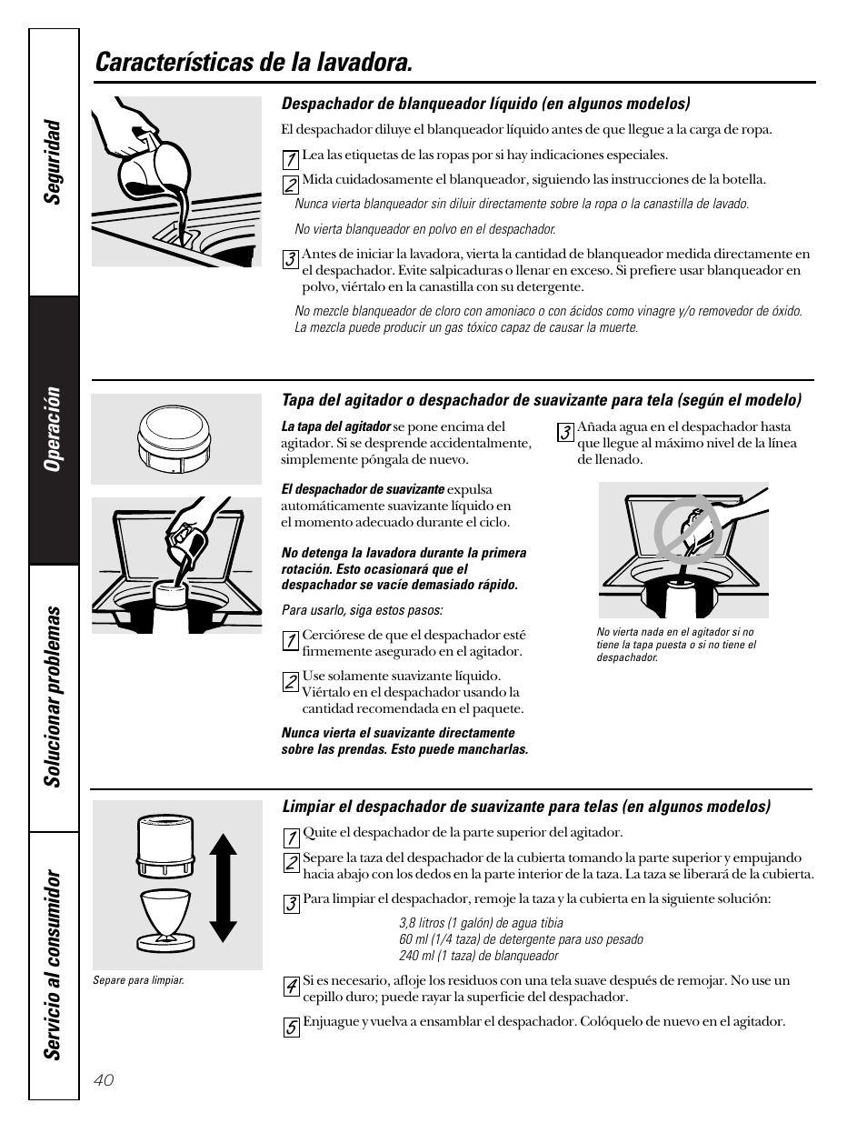 Características de la lavadora | GE WASE4220 User Manual | Page 40 / 48