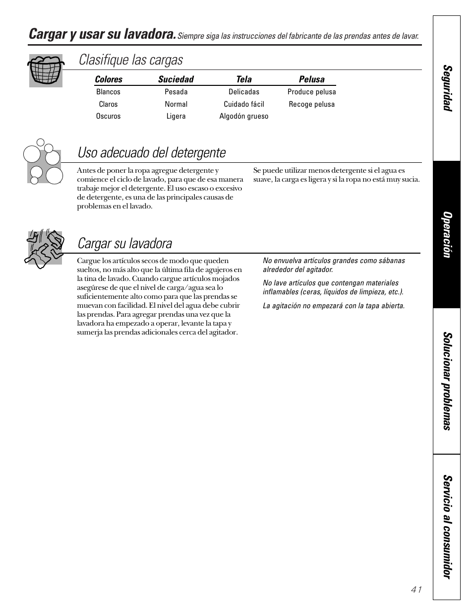 Cargar y usar su lavadora, Cargar y usar su lavadora , 42, Clasifique las cargas uso adecuado del detergente | Cargar su lavadora | GE WASE4220 User Manual | Page 41 / 48