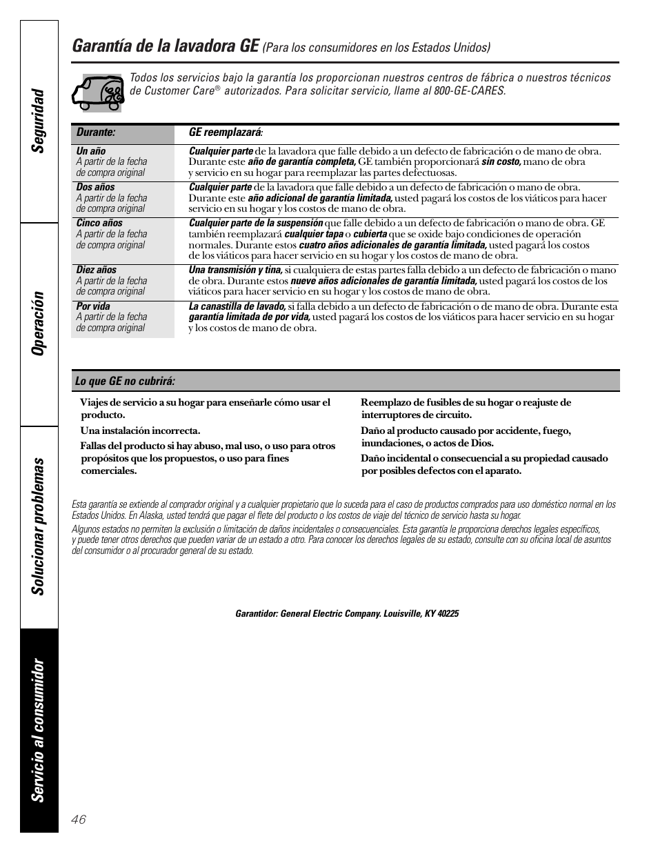 Garantía, Garantía de la lavadora ge | GE WASE4220 User Manual | Page 46 / 48