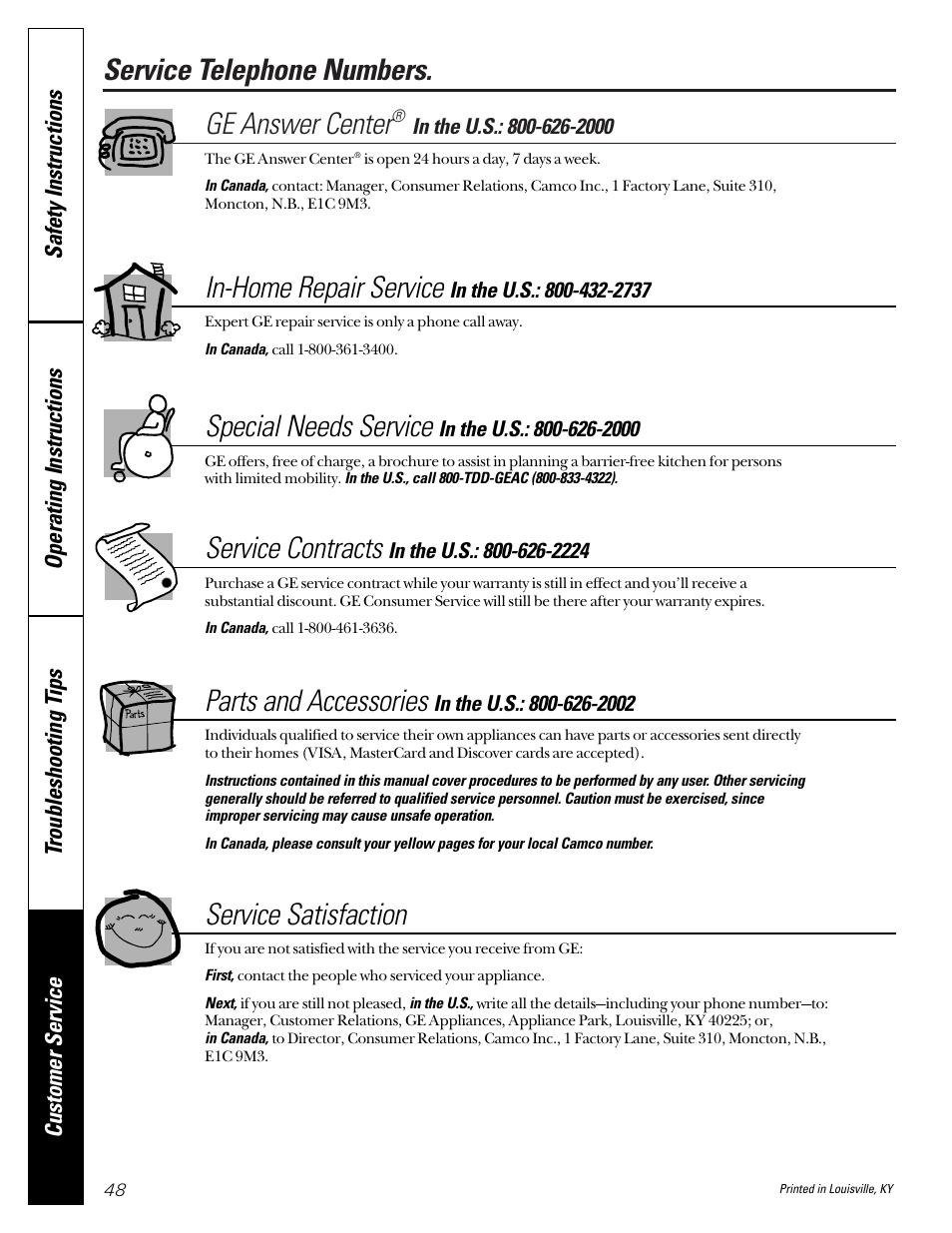 Service telephone numbers, Service telephone numbers. ge answer center, In-home repair service | Special needs service, Service contracts, Parts and accessories, Service satisfaction | GE WASE4220 User Manual | Page 48 / 48