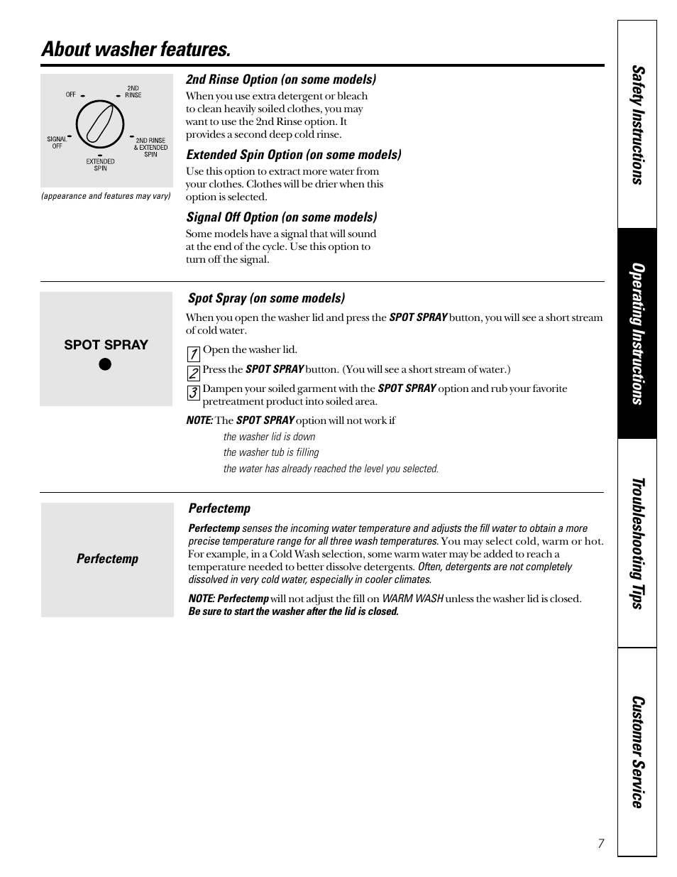 Features, Features , 8, About washer features | GE WASE4220 User Manual | Page 7 / 48