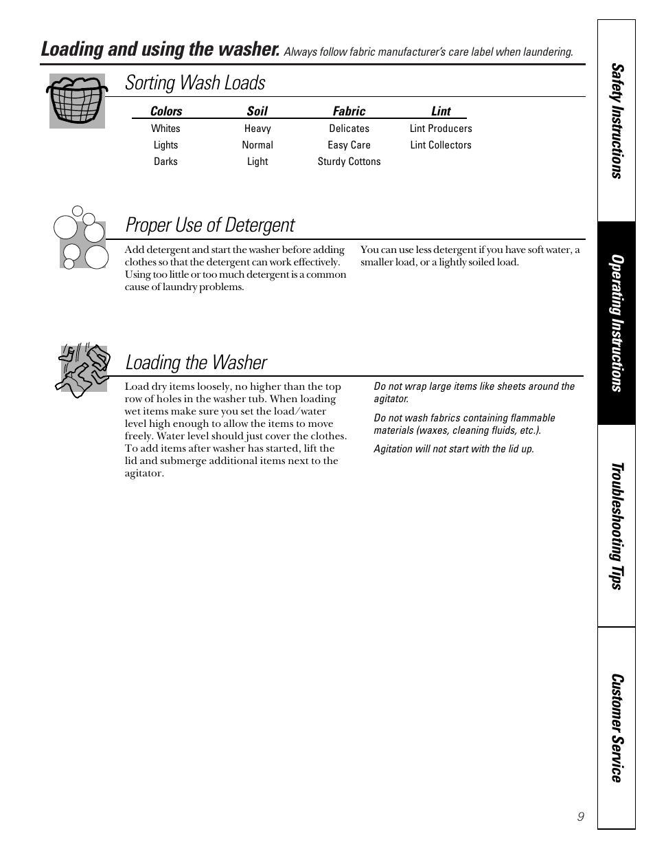 Loading and using the washer, Loading and using the washer , 10, Sorting wash loads proper use of detergent | Loading the washer | GE WASE4220 User Manual | Page 9 / 48