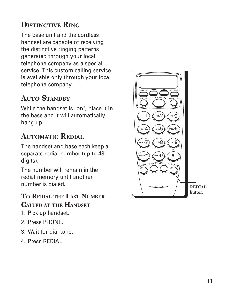 Distinctive ring, Auto standby, Automatic redial | To redial the last number called at the handset | GE 2-9774 User Manual | Page 11 / 40