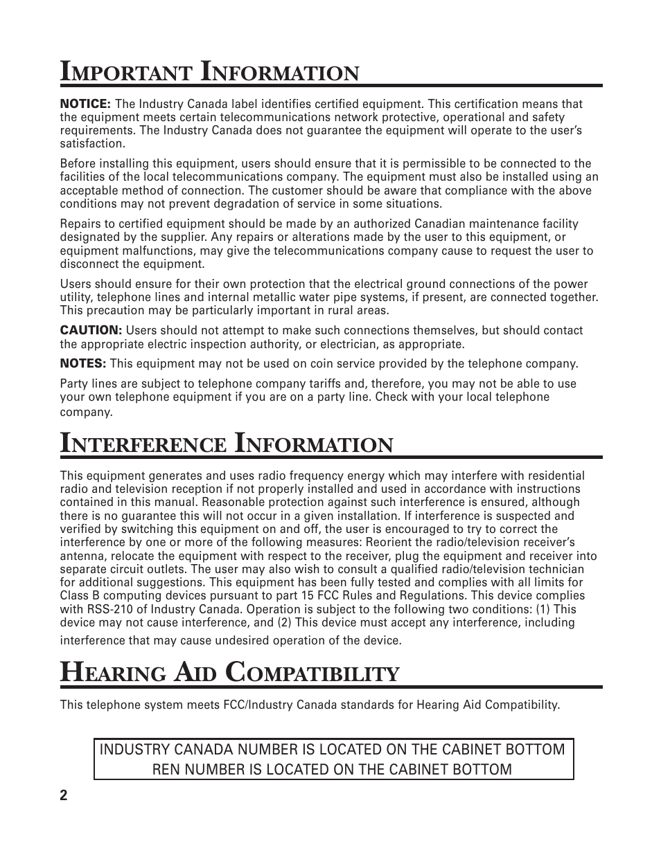 Interference information, Hearing aid compatibility | GE 2-9774 User Manual | Page 2 / 40