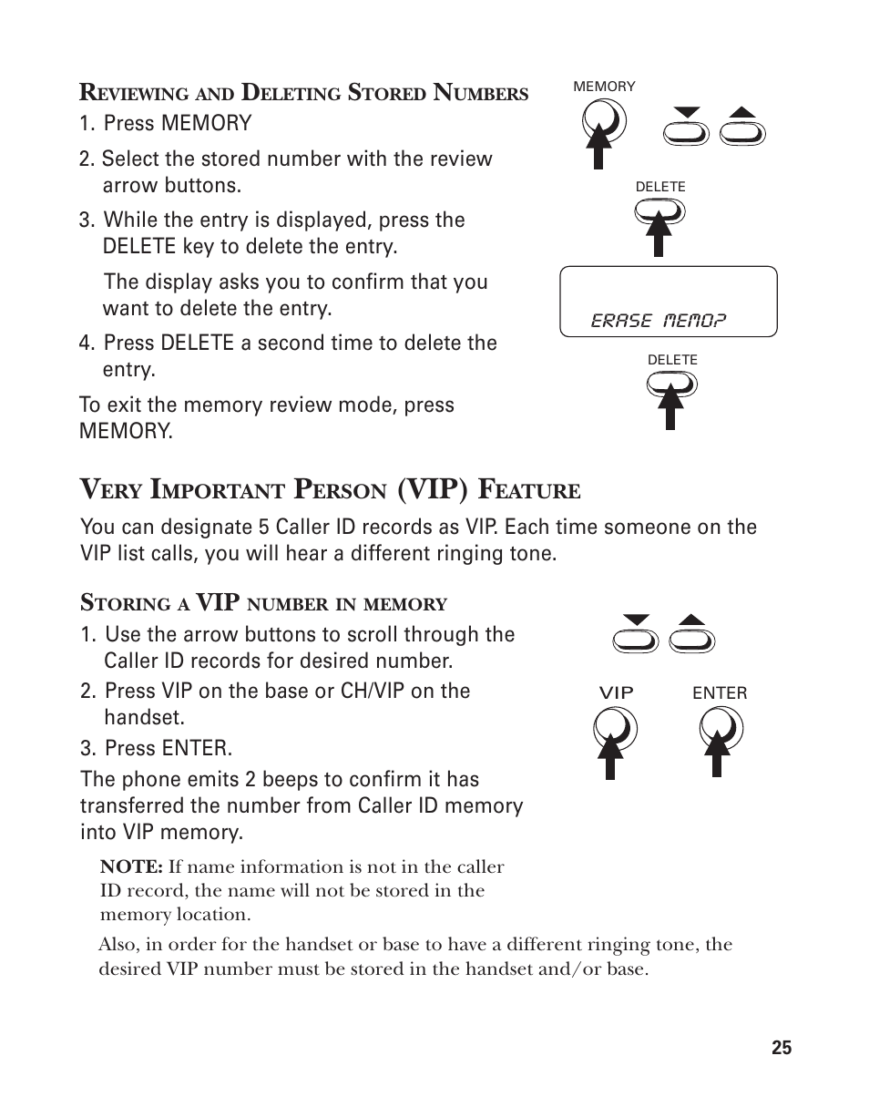 Reviewing and deleting stored numbers, Very important person (vip) feature, Storing a vip number in memory | Calling a vip number, Vip) f | GE 2-9774 User Manual | Page 25 / 40