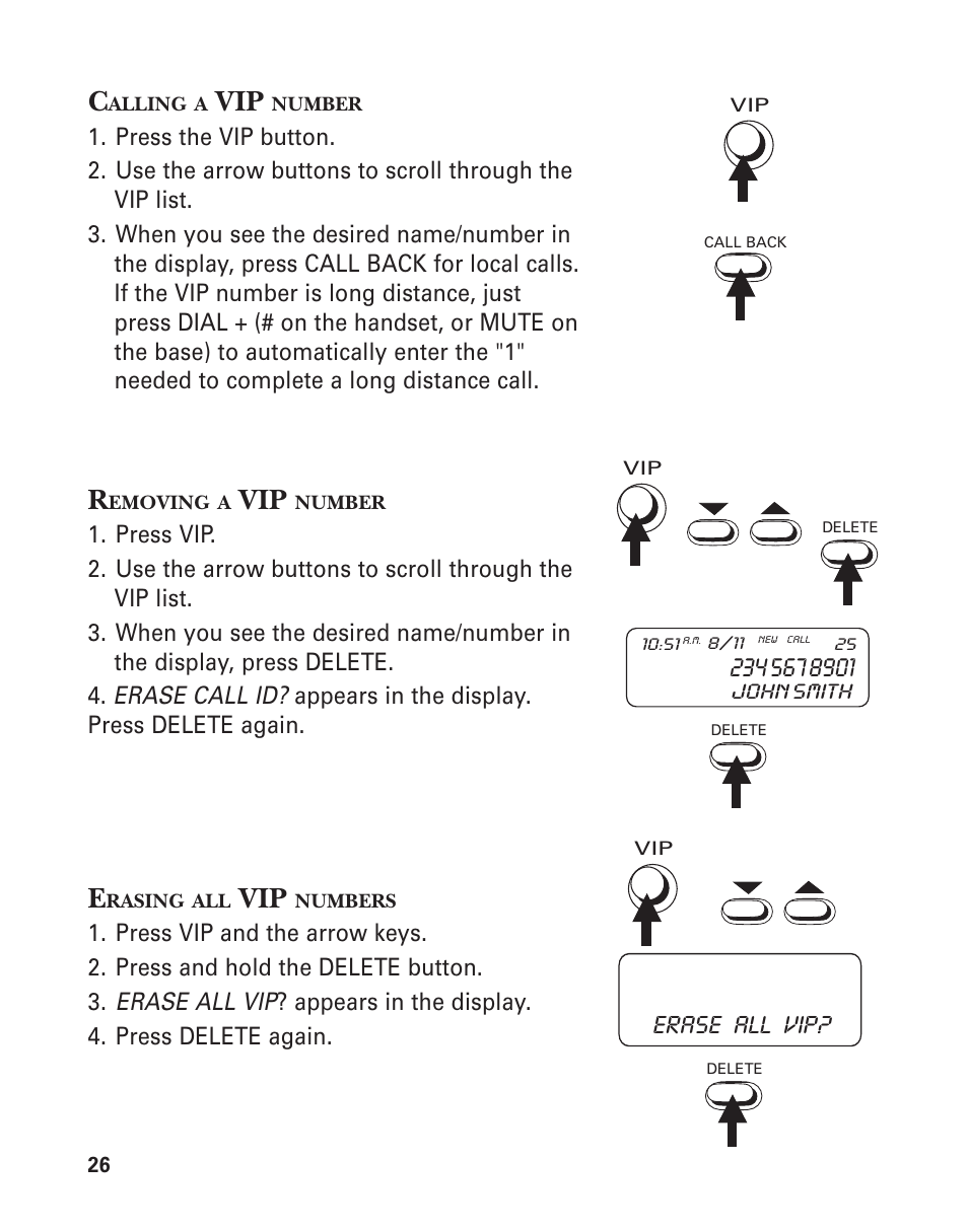 Removing a vip number, Erasing all vip numbers, Erase all vip | GE 2-9774 User Manual | Page 26 / 40