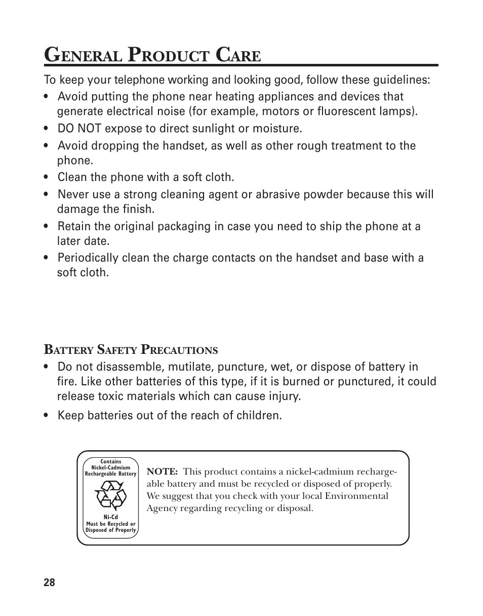 General product care, Battery safety precautions, Eneral | Roduct | GE 2-9774 User Manual | Page 28 / 40