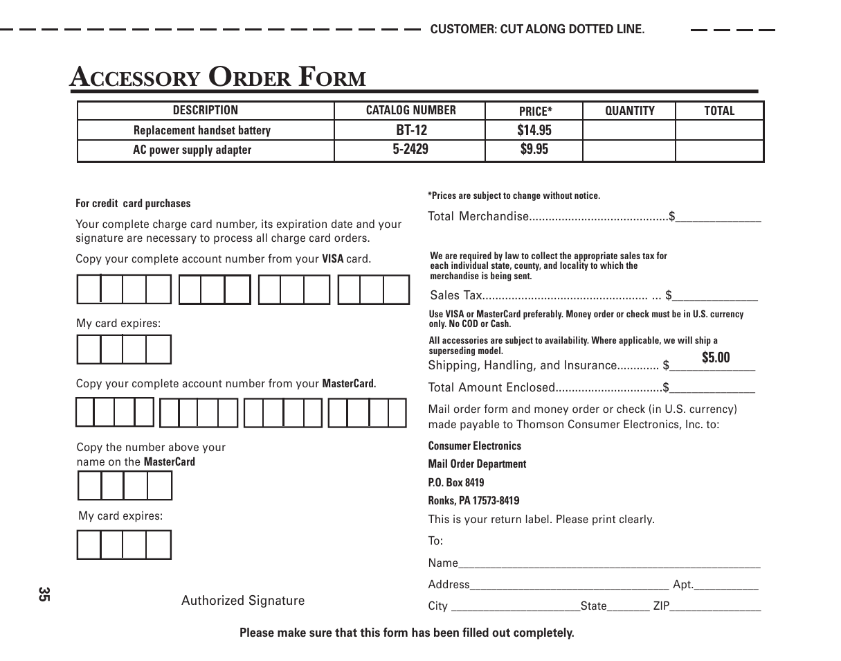 Accessory order form, Ccessory, Rder | GE 2-9774 User Manual | Page 35 / 40