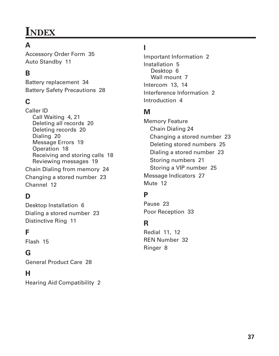 Ndex | GE 2-9774 User Manual | Page 37 / 40