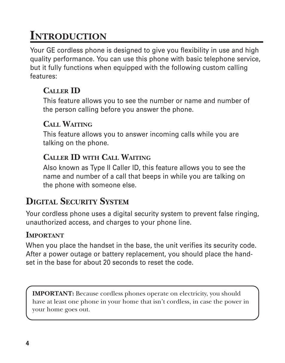 Introduction, Caller id, Call waiting | Caller id with call waiting, Digital security system, Ntroduction | GE 2-9774 User Manual | Page 4 / 40