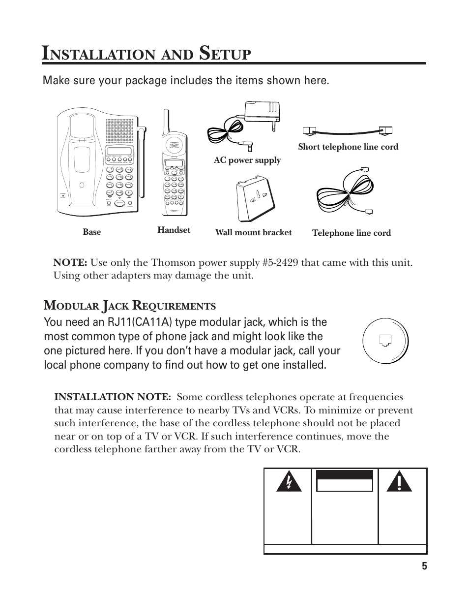 Installation and setup, Modular jack requirements, Nstallation | Etup, Warning, Odular, Equirements, Wall mount bracket, Caution | GE 2-9774 User Manual | Page 5 / 40