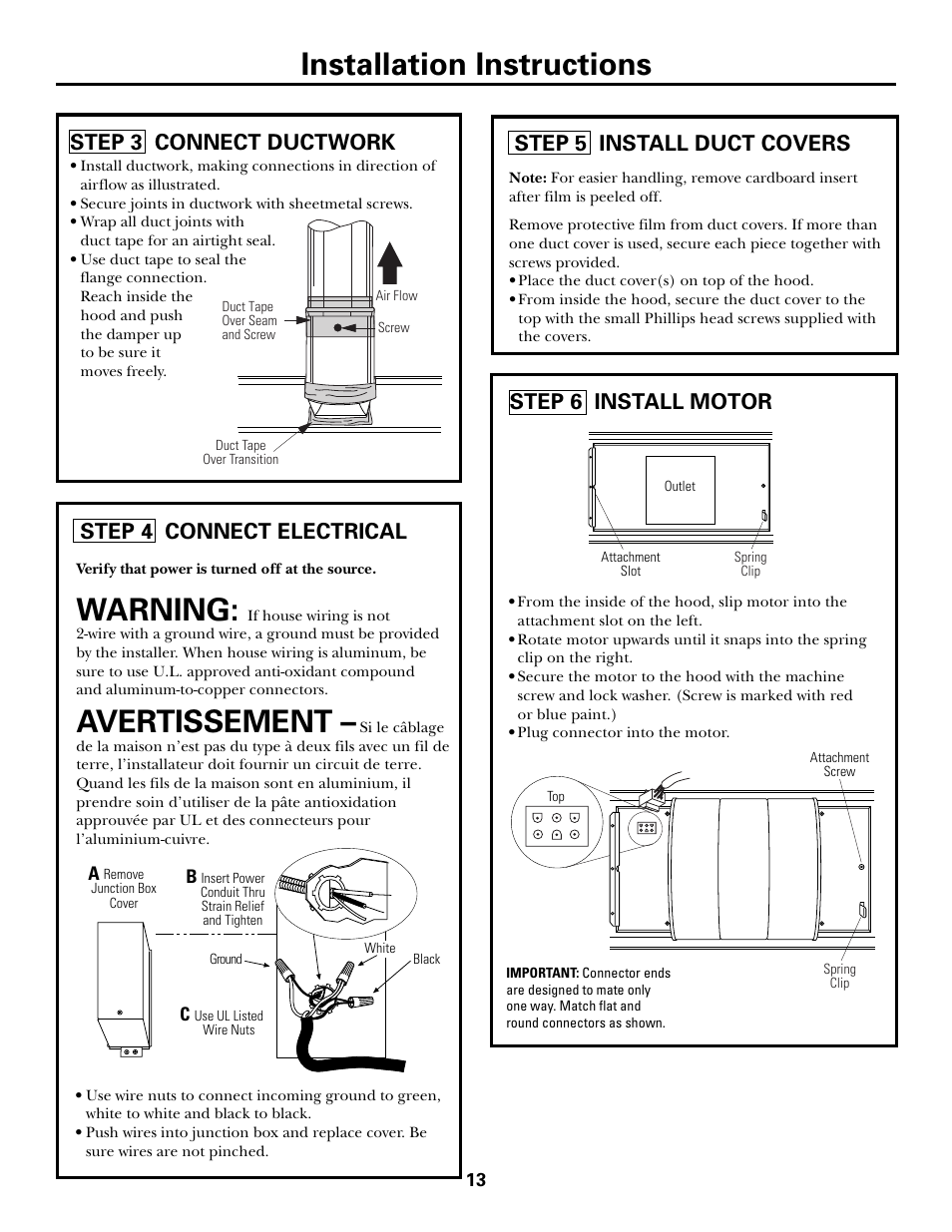 Step 3, connect ductwork, Step 4, connect electrical, Step 5, install duct covers | Step 6, install motor, Installation instructions, Warning, Avertissement, Step 3 connect ductwork, Step 6 install motor | GE ZV48R User Manual | Page 13 / 16