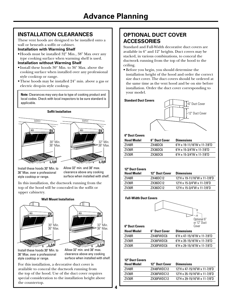 Installation clearances, Optional duct cover accessories, Advance planning | GE ZV48R User Manual | Page 4 / 16