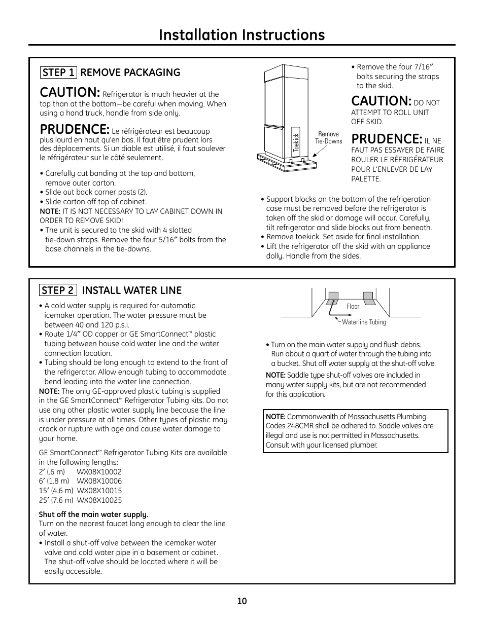 Step 1, remove packaging, Step 2, install water line, Installation instructions | Caution, Prudence, Step 1 remove packaging, Step 2 install water line | GE 49-60468-1 User Manual | Page 10 / 20