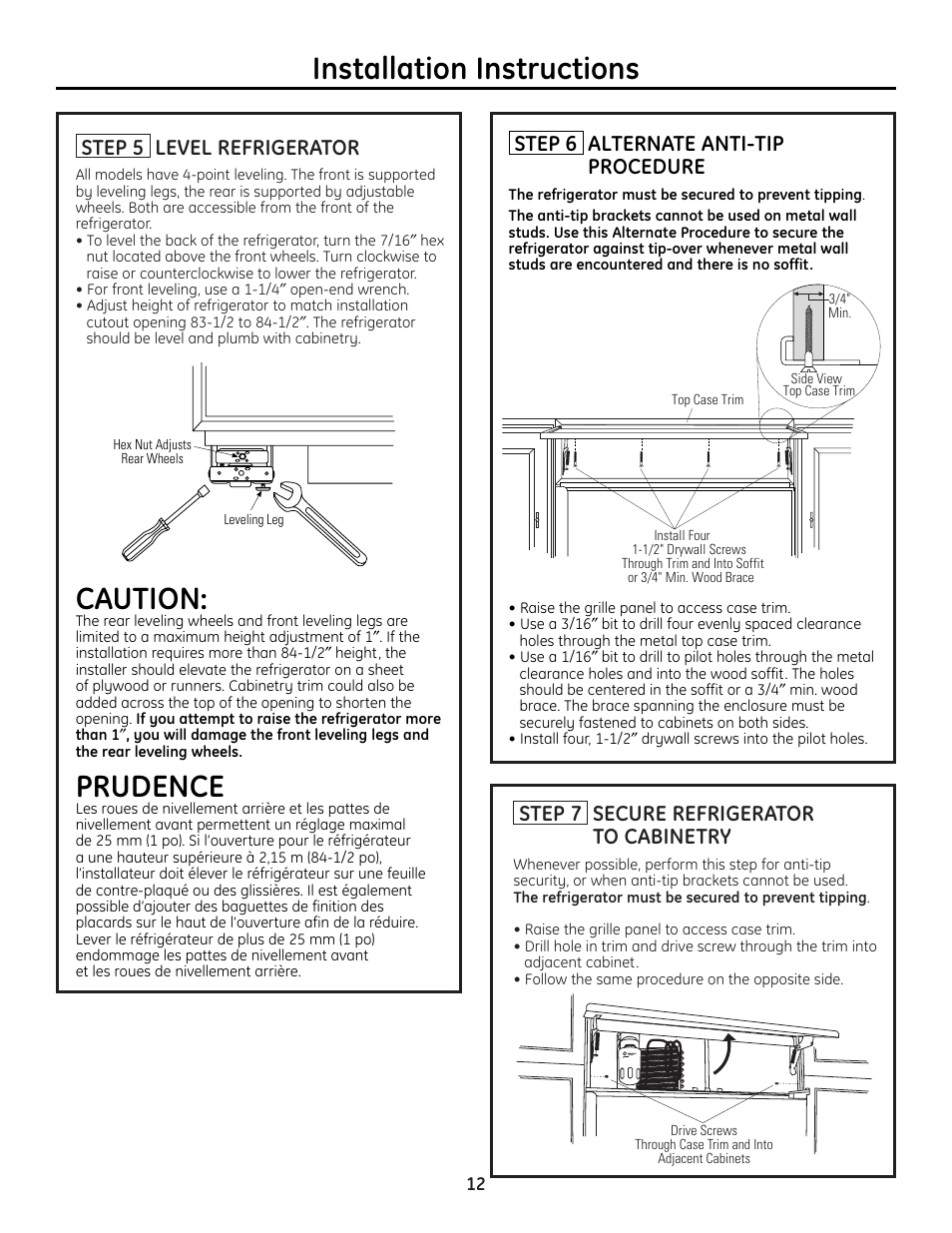 Step 5, level refrigerator, Step 6, alternate anti-tip procedure, Step 7, secure refrigerator to cabinetry | Step 7, secure refrigerator to, Cabinetry, Caution, Prudence, Installation instructions, Step 5 level refrigerator, Step 7 secure refrigerator to cabinetry | GE 49-60468-1 User Manual | Page 12 / 20