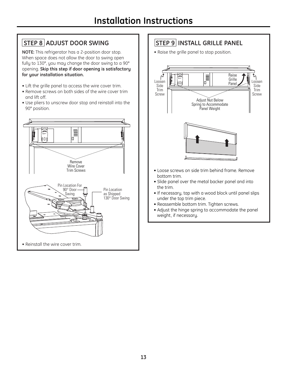 Step 8, adjust door swing, Step 9, install grille panel, Installation instructions | Step 8 adjust door swing, Step 9 install grille panel | GE 49-60468-1 User Manual | Page 13 / 20