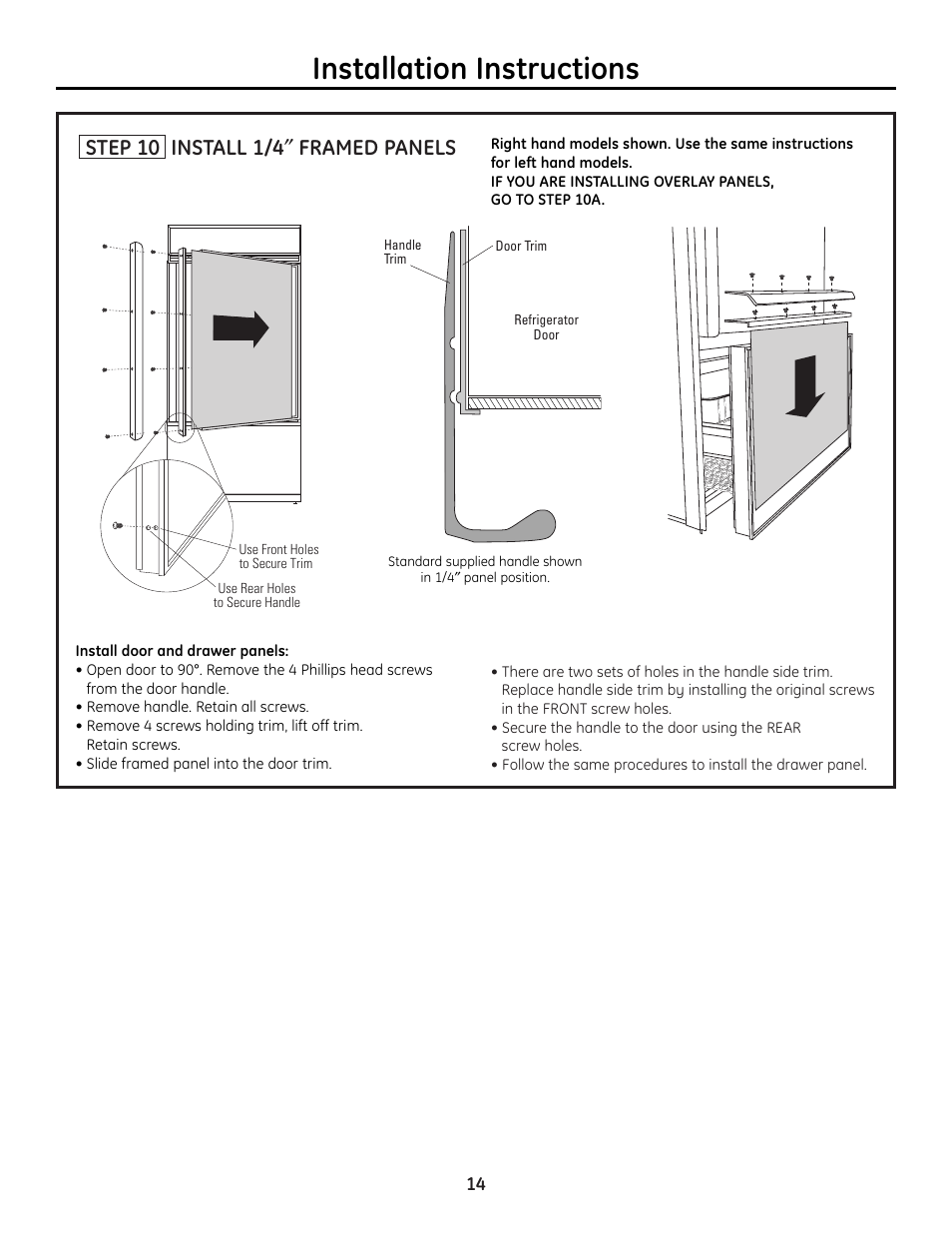 Step 10, install framed panels, Installation instructions, Step 10 install 1/4 ″ framed panels | GE 49-60468-1 User Manual | Page 14 / 20