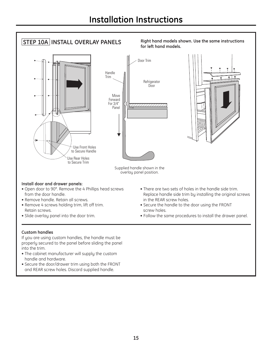 Step 10a, install overlay panels, Installation instructions, Step 10a install overlay panels | GE 49-60468-1 User Manual | Page 15 / 20