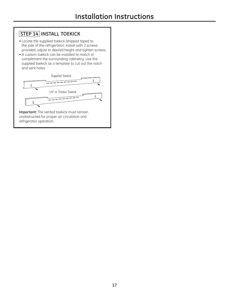 Step 14, install toekick, Installation instructions, Step 14 install toekick | GE 49-60468-1 User Manual | Page 17 / 20