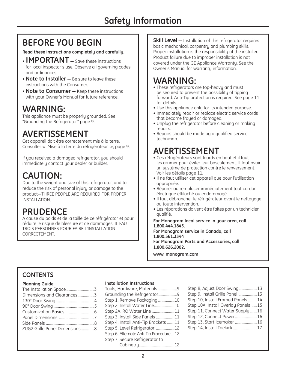 Planning guide, Installation instructions, Safety information | Warning, Avertissement, Before you begin, Caution, Prudence, Important | GE 49-60468-1 User Manual | Page 2 / 20