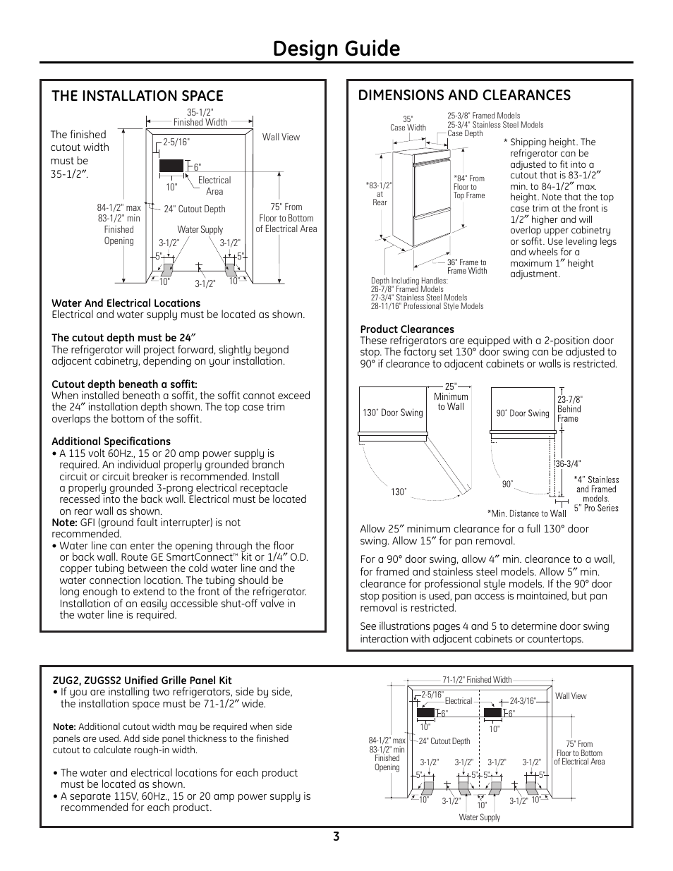 The installation space, Dimensions and clearances, The installation space dimensions and clearances | Design guide | GE 49-60468-1 User Manual | Page 3 / 20
