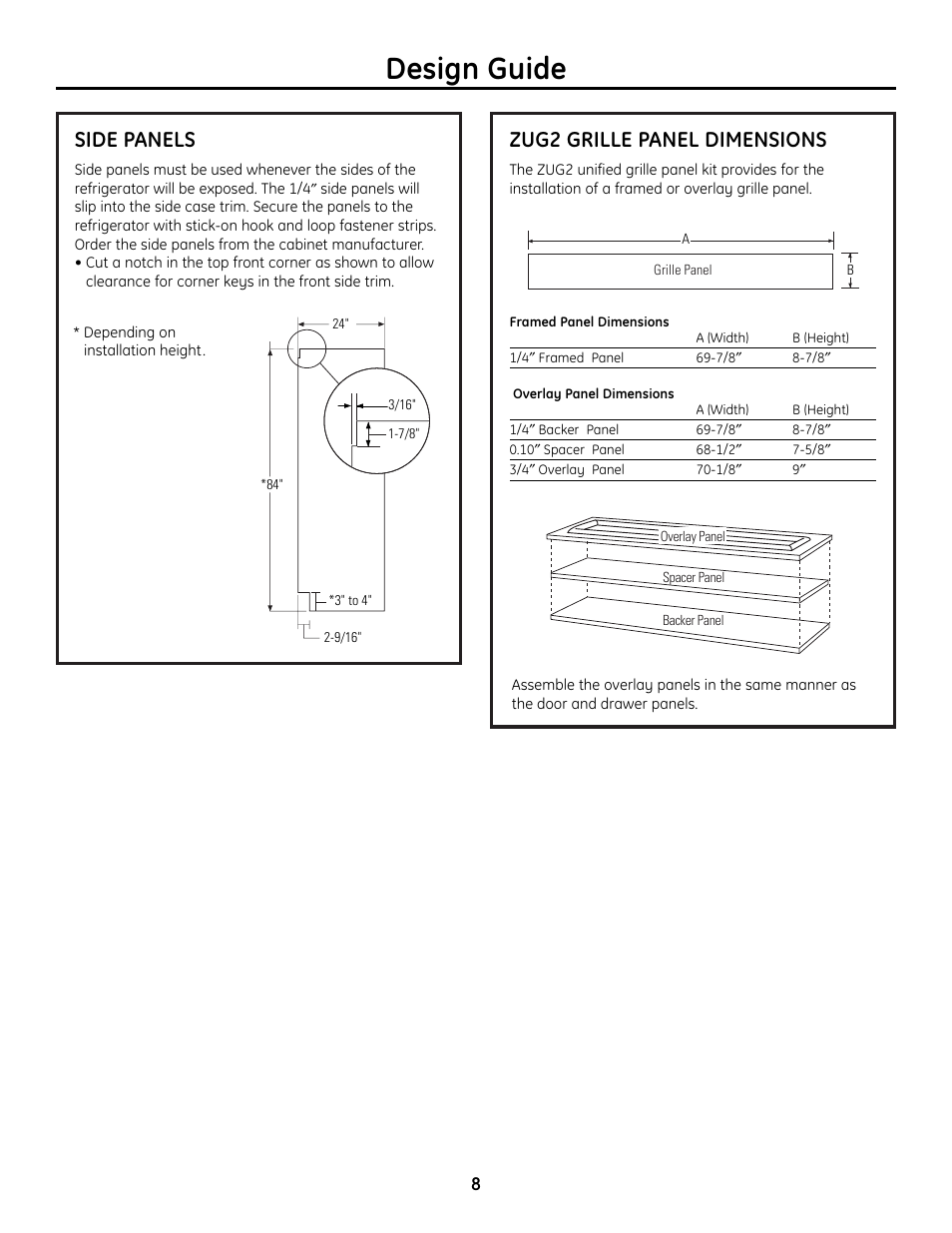 Side panels, Zug2 grille panel dimensions, Side panels zug2 grille panel dimensions | Design guide | GE 49-60468-1 User Manual | Page 8 / 20