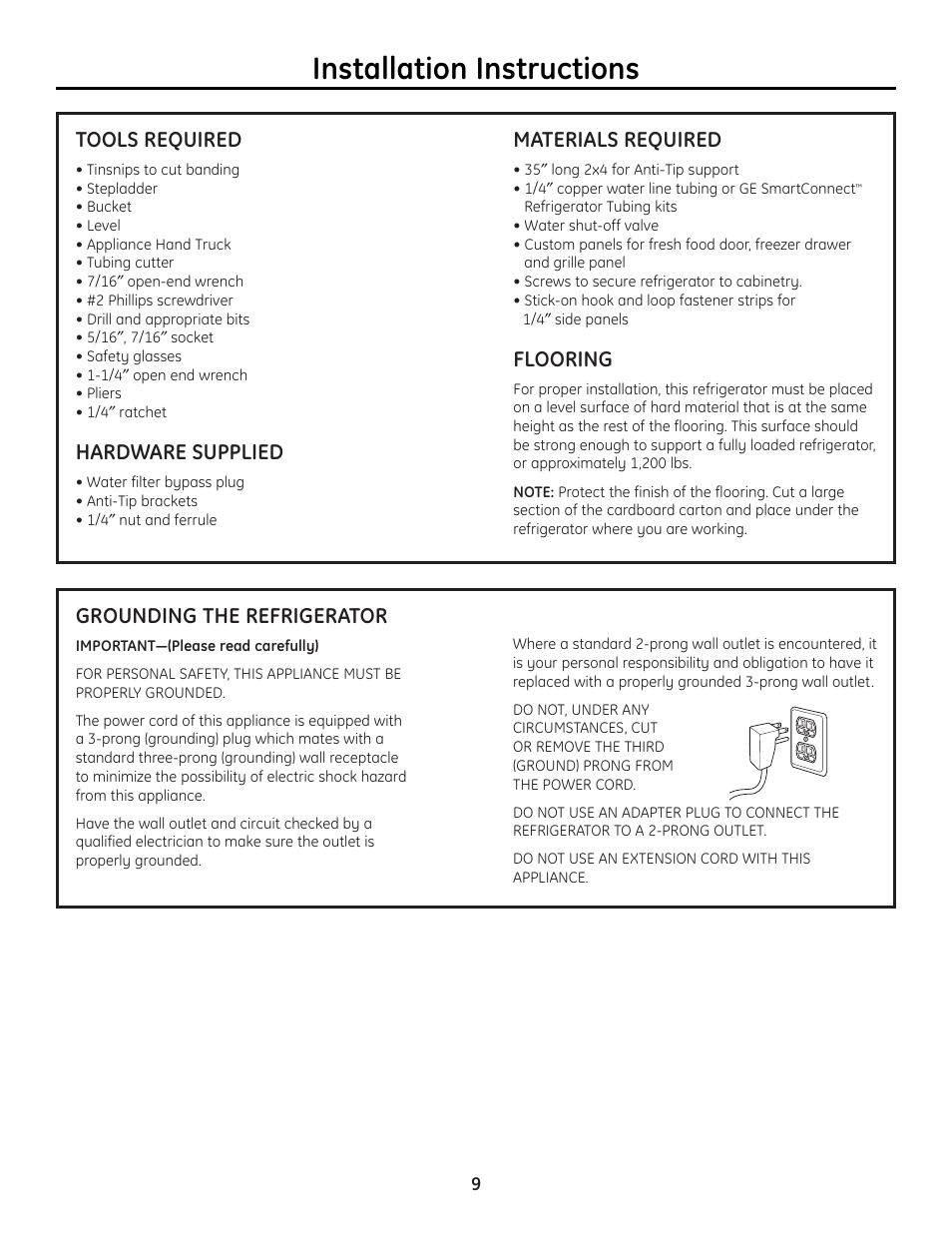 Tools, hardware, materials, Grounding the refrigerator, Installation instructions | Materials required, Flooring, Tools required, Hardware supplied | GE 49-60468-1 User Manual | Page 9 / 20