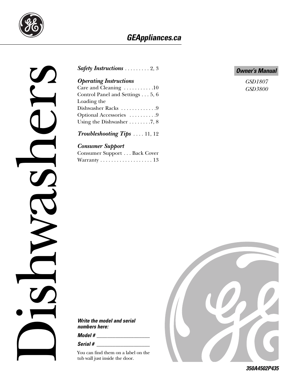 GE Dishwasher GSD1807 User Manual | 14 pages