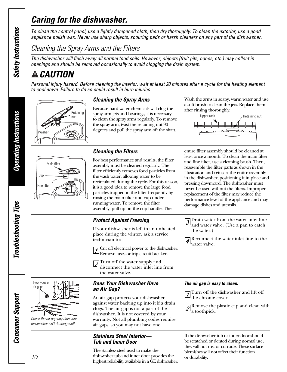 Caring for the dishwasher, Caution, Cleaning the spray arms and the filters | GE Dishwasher GSD1807 User Manual | Page 10 / 14