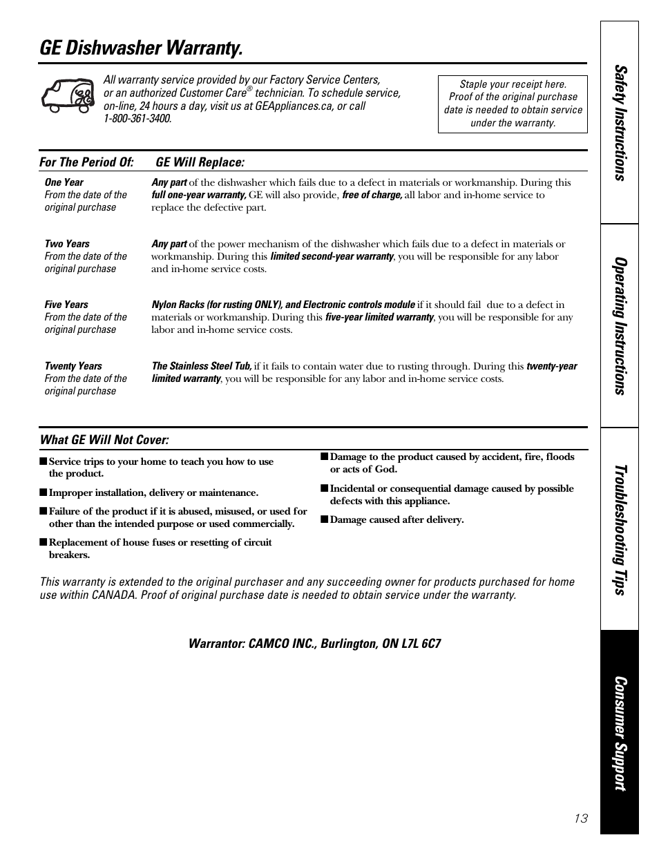 Ge dishwasher warranty | GE Dishwasher GSD1807 User Manual | Page 13 / 14