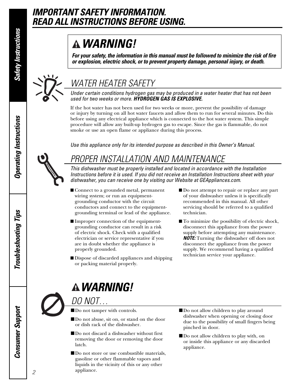 Warning, Water heater safety, Do not | GE Dishwasher GSD1807 User Manual | Page 2 / 14