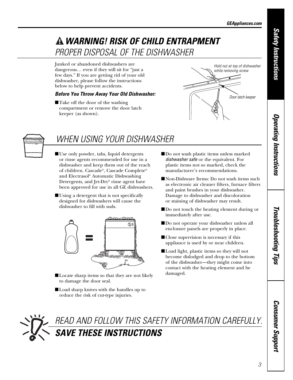 Proper disposal of the dishwasher | GE Dishwasher GSD1807 User Manual | Page 3 / 14