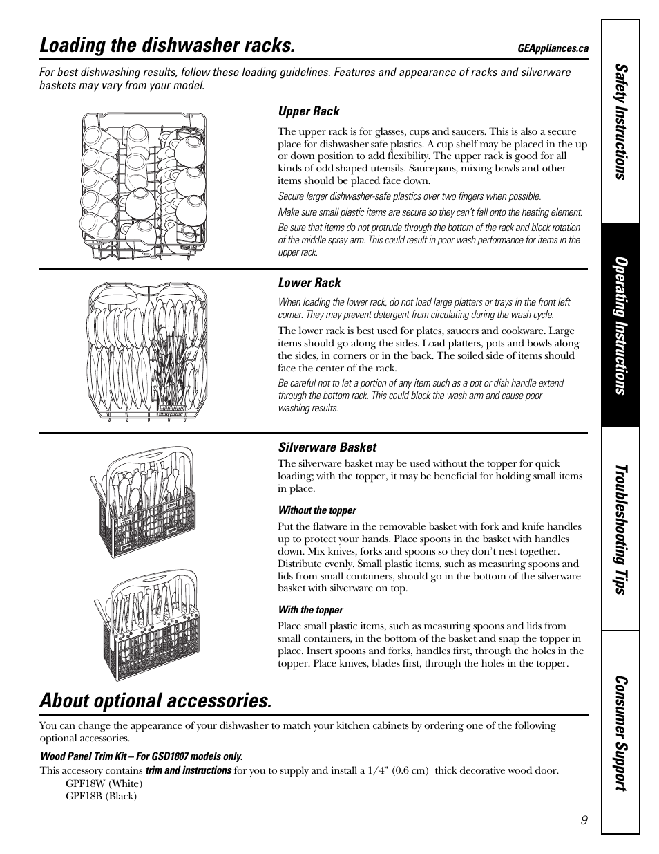 Loading the dishwasher racks, About optional accessories | GE Dishwasher GSD1807 User Manual | Page 9 / 14