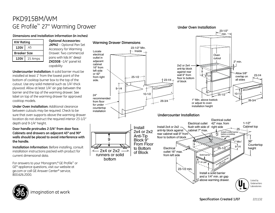 GE PKD915BMBB User Manual | 2 pages