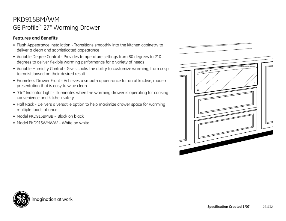 Pkd915bm/wm, Ge profile, 27" warming drawer | GE PKD915BMBB User Manual | Page 2 / 2