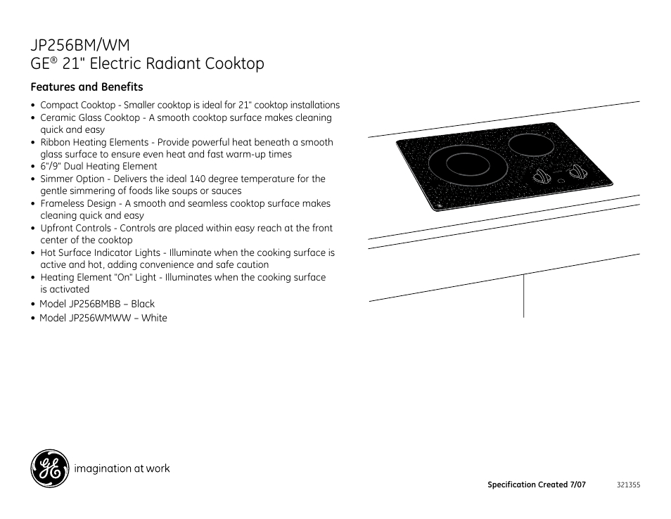 Jp256bm/wm ge, 21" electric radiant cooktop | GE JP256BMBB User Manual | Page 2 / 2