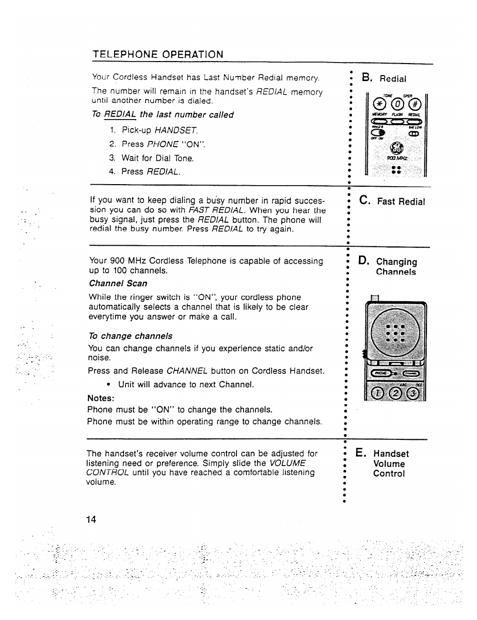 Telephone operation, C. fast redial, Changing channels | Handset volume control | GE 2-9910 User Manual | Page 14 / 28