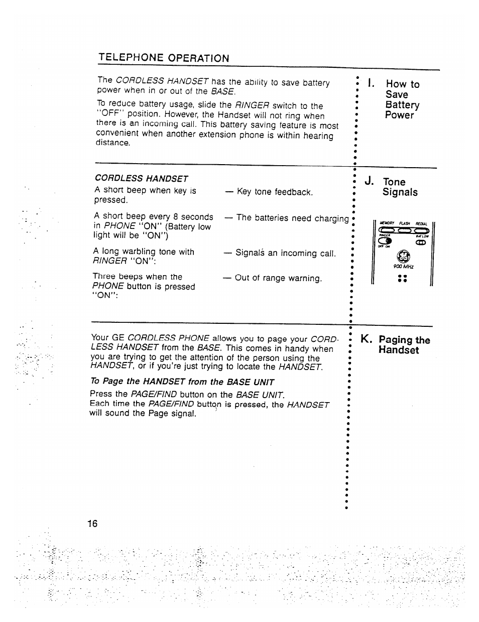 J. tone signals, Handset 16 | GE 2-9910 User Manual | Page 16 / 28