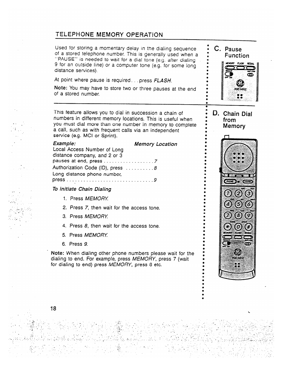 U. pause function, D. chain dial from memory | GE 2-9910 User Manual | Page 18 / 28