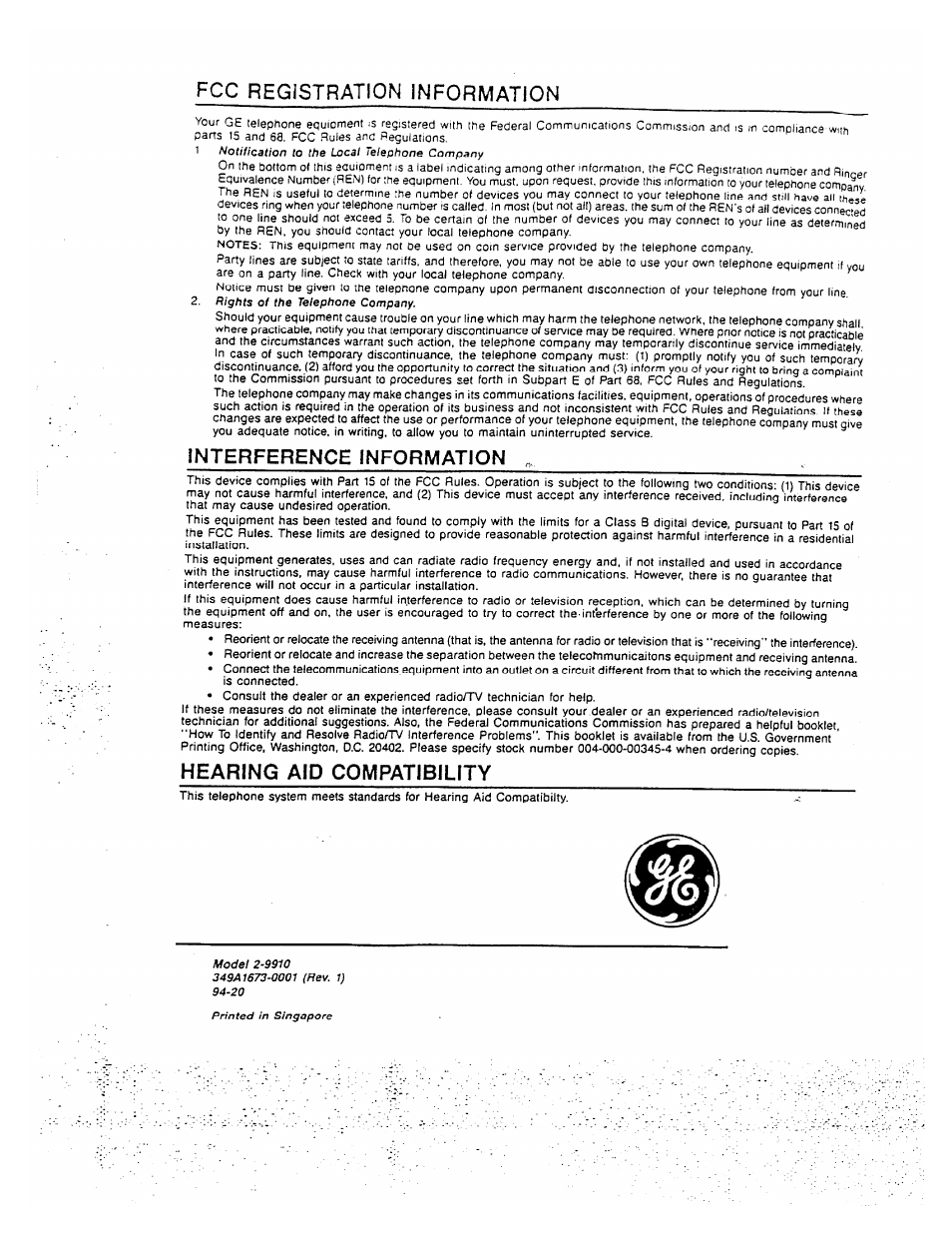 Hearing aid compatibility, Fcc registration information | GE 2-9910 User Manual | Page 26 / 28
