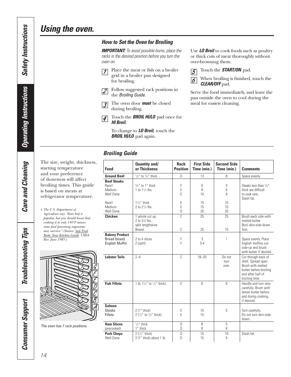 Broiling, broiling guide, Using the oven, Broiling guide | How to set the oven for broiling | GE 49-80535-1 User Manual | Page 14 / 36