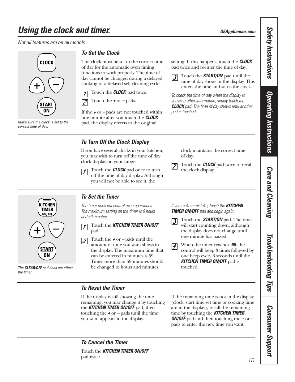 Clock and timer, Using the clock and timer | GE 49-80535-1 User Manual | Page 15 / 36